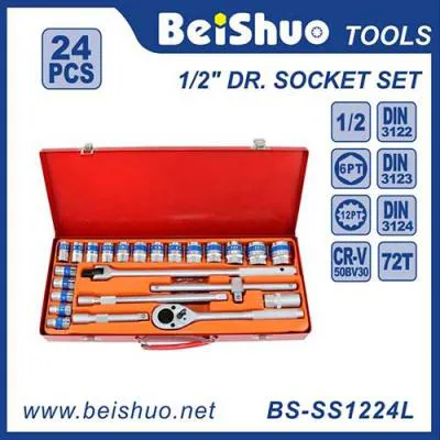 BS-SS1224H Professional 24pc 1/2 Inch Socket Set Red Metal Box Auto Repair Hand Tool