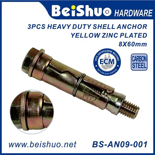 BS-AN09-002 High Quantity M8 3PCS Yellow Zinc Plated Heavy Duty Shell Anchor Bolts