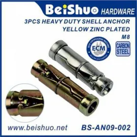 BS-AN09-002 High Quantity M8 3PCS Yellow Zinc Plated Heavy Duty Shell Anchor Bolts