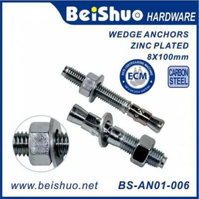 BS-AN01-006 M8X100 Carbon Steel Concrete Wedge Anchor Bolts with Nuts & Washers